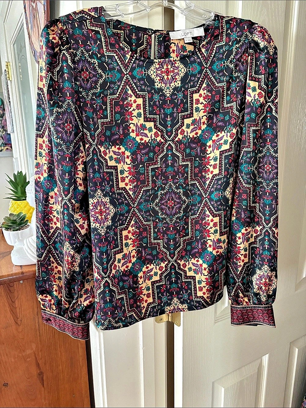 LOFT Geo Border Satin Puff Sleeve Blouse Medium Black & Multicolor